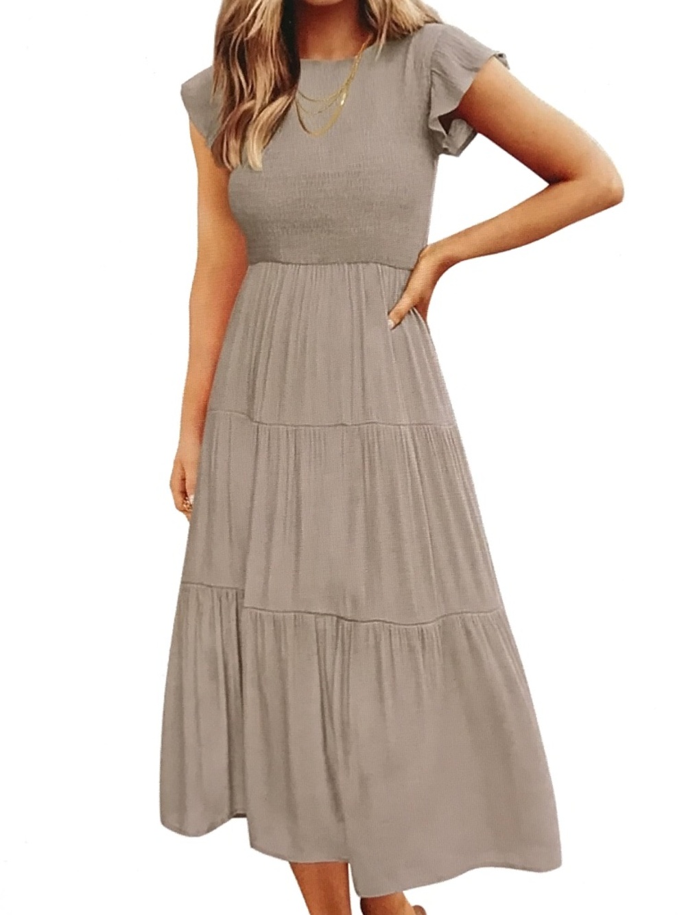 ZESICA A-Line Smocked Flutter Sleeve Tan Dress Women’s Size Large NWT